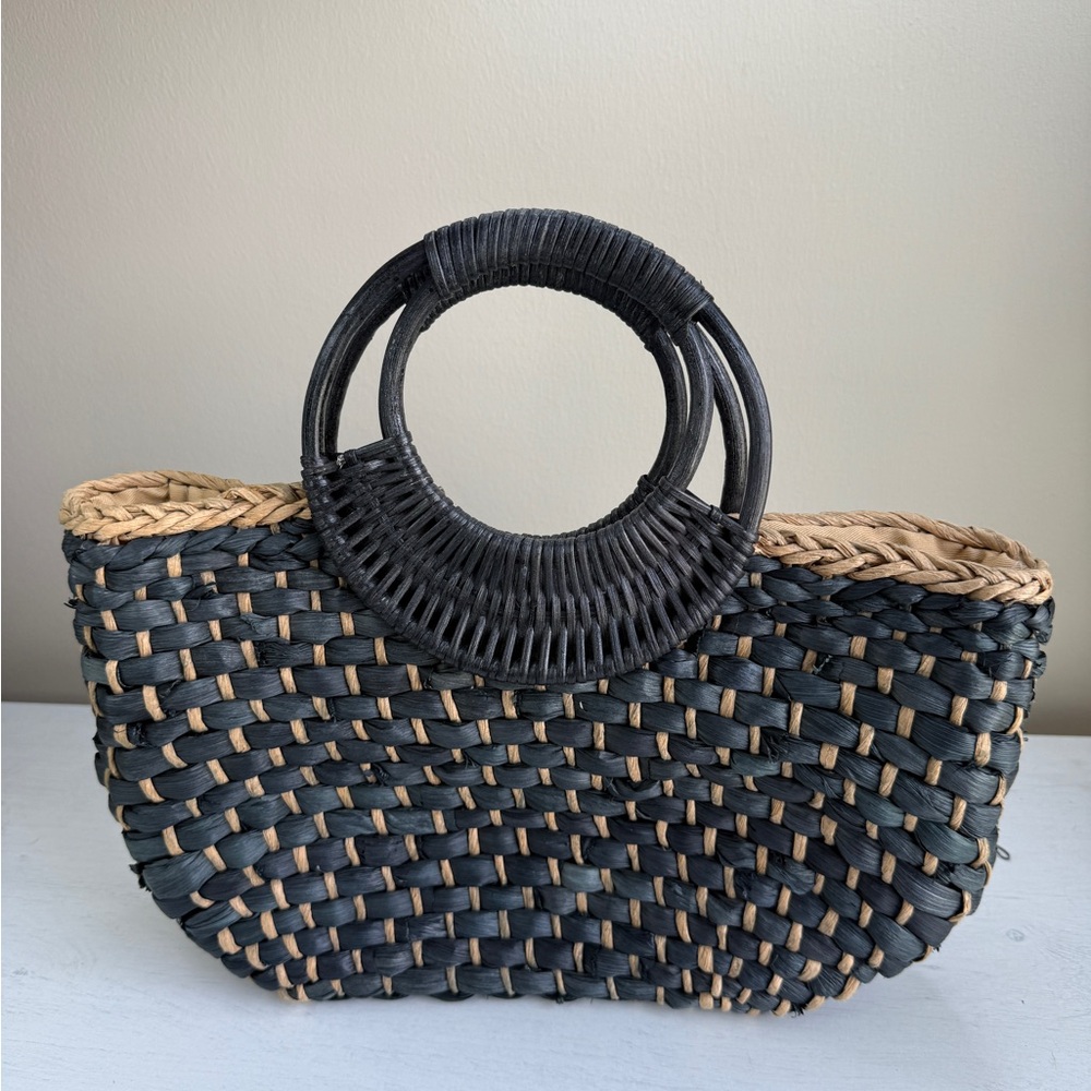 Free People Black and Natural Woven Straw Tote with Round Handles - Picture 5 of 14
